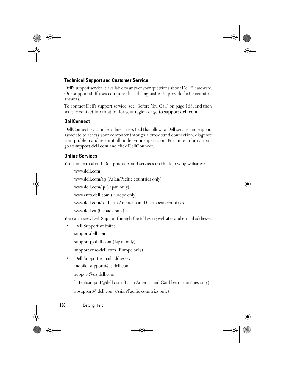Technical support and customer service, Dellconnect, Online services | Dell XPS M1730 (M1730, Late 2007) User Manual | Page 166 / 208