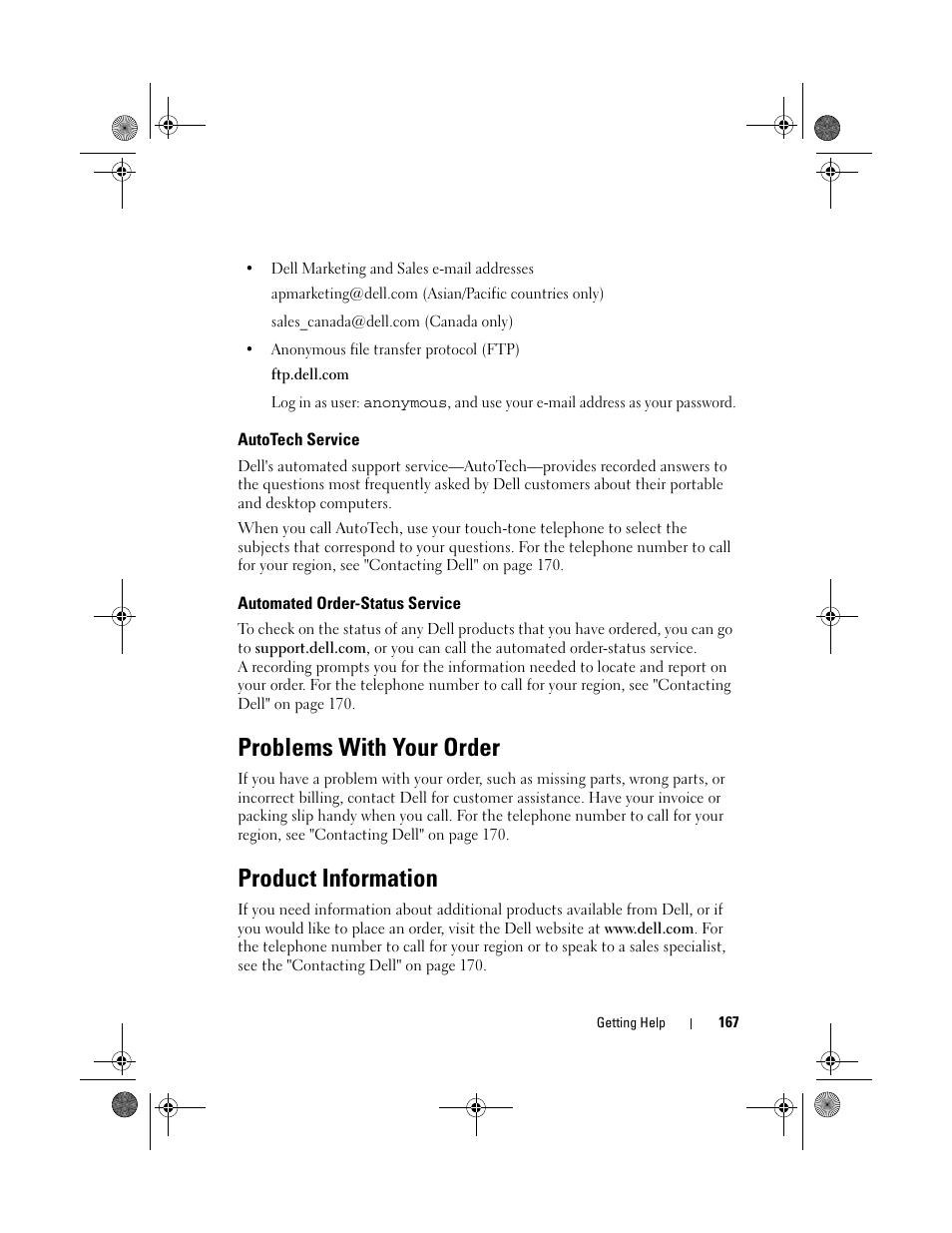 Autotech service, Automated order-status service, Problems with your order | Product information | Dell XPS M1730 (M1730, Late 2007) User Manual | Page 167 / 208