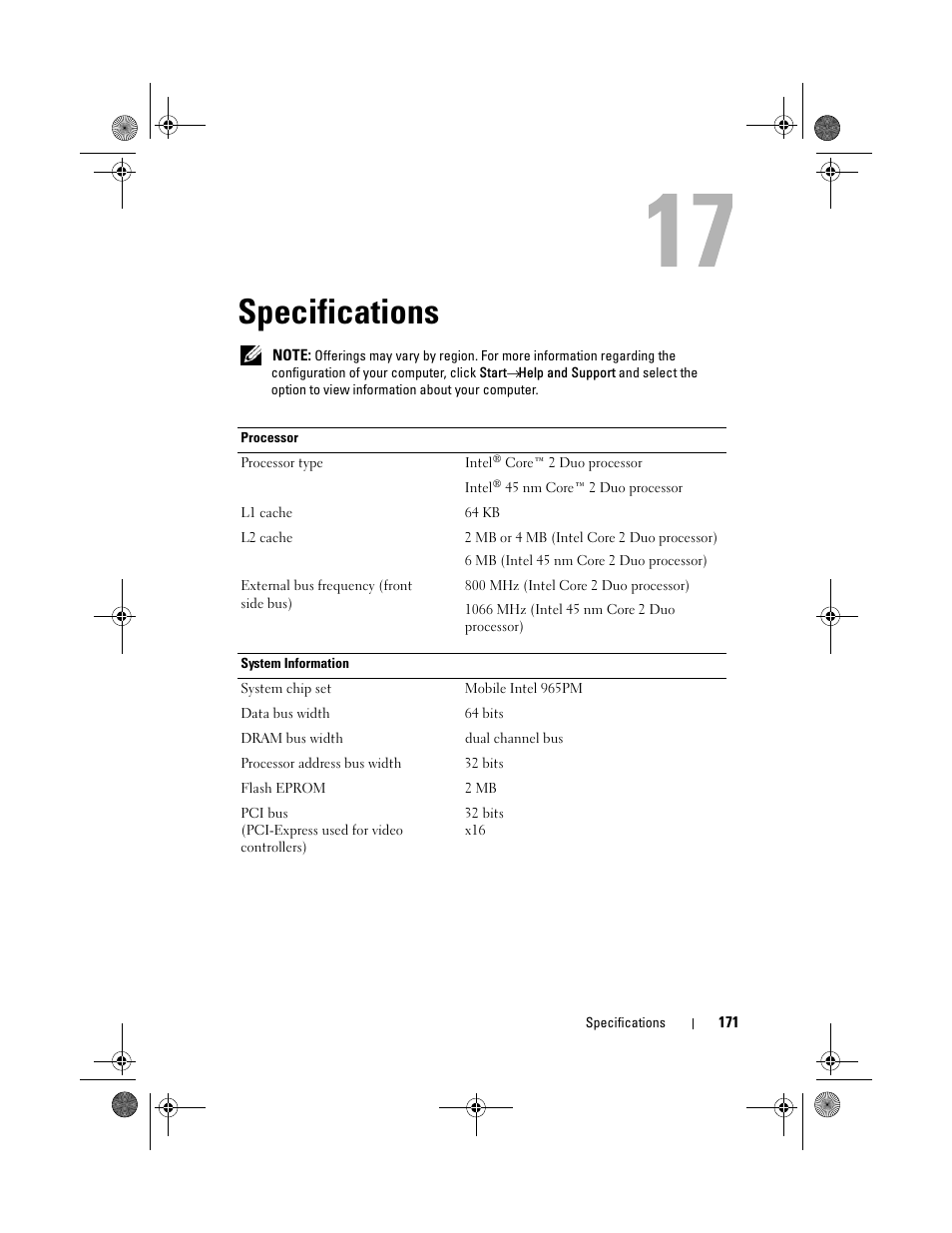 Specifications | Dell XPS M1730 (M1730, Late 2007) User Manual | Page 171 / 208