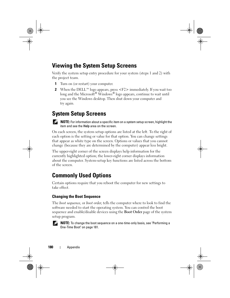 Viewing the system setup screens, System setup screens, Commonly used options | Changing the boot sequence | Dell XPS M1730 (M1730, Late 2007) User Manual | Page 180 / 208