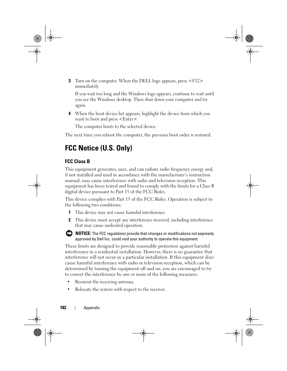 Fcc notice (u.s. only), Fcc class b | Dell XPS M1730 (M1730, Late 2007) User Manual | Page 182 / 208
