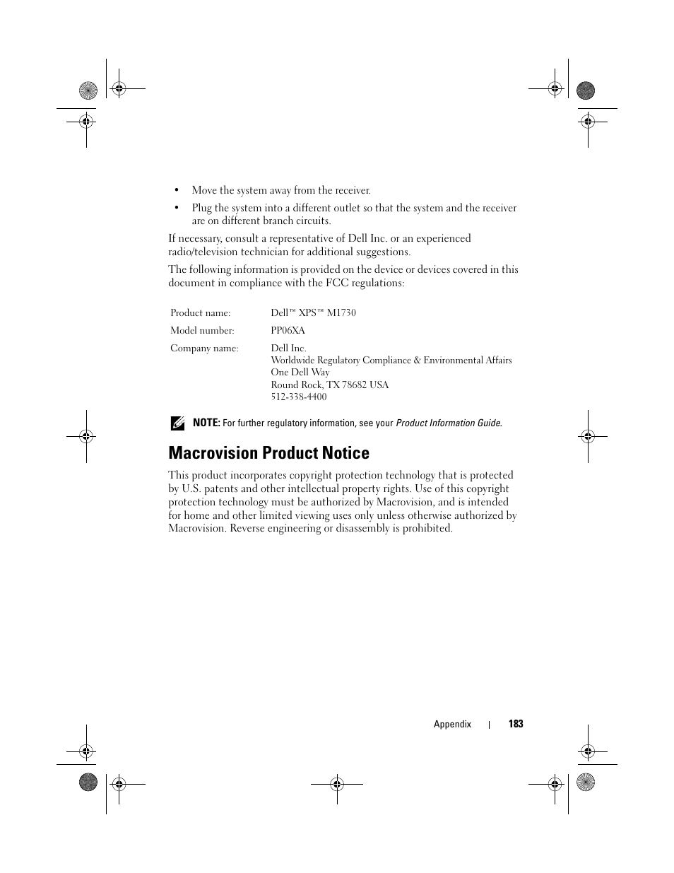 Macrovision product notice | Dell XPS M1730 (M1730, Late 2007) User Manual | Page 183 / 208