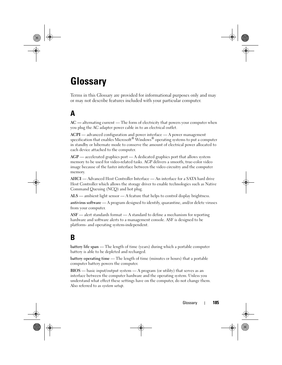 Glossary 185, Glossary | Dell XPS M1730 (M1730, Late 2007) User Manual | Page 185 / 208