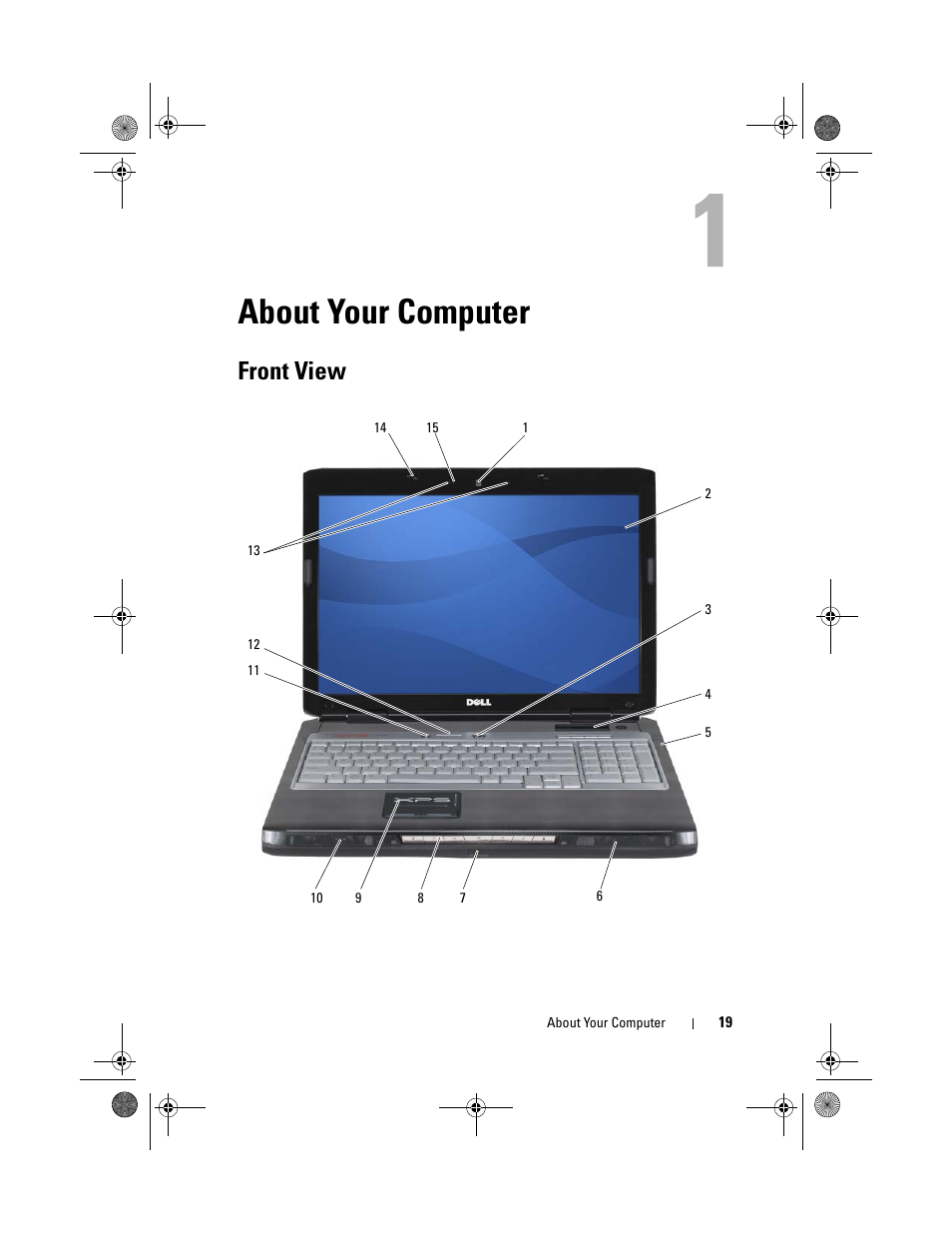 About your computer, Front view | Dell XPS M1730 (M1730, Late 2007) User Manual | Page 19 / 208