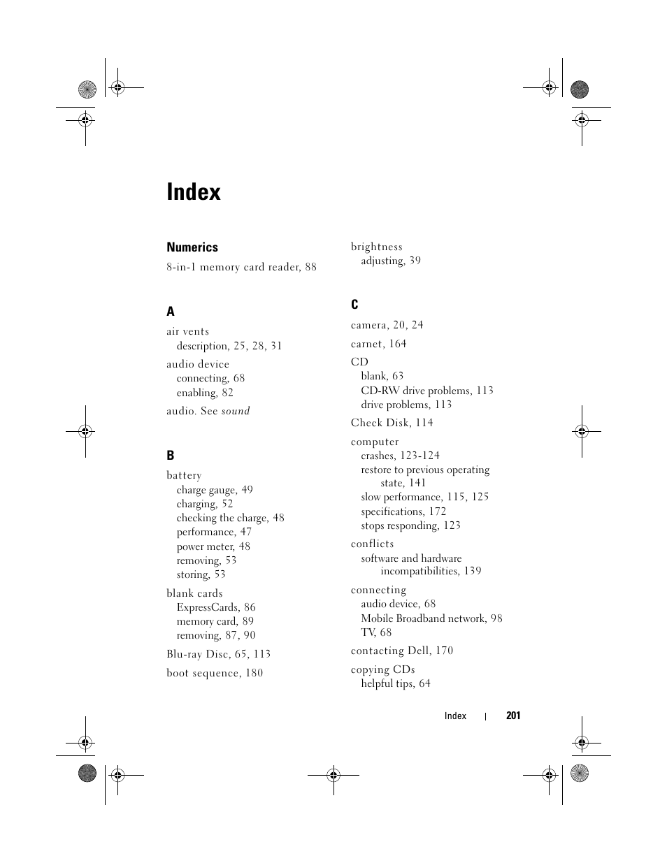 Index | Dell XPS M1730 (M1730, Late 2007) User Manual | Page 201 / 208