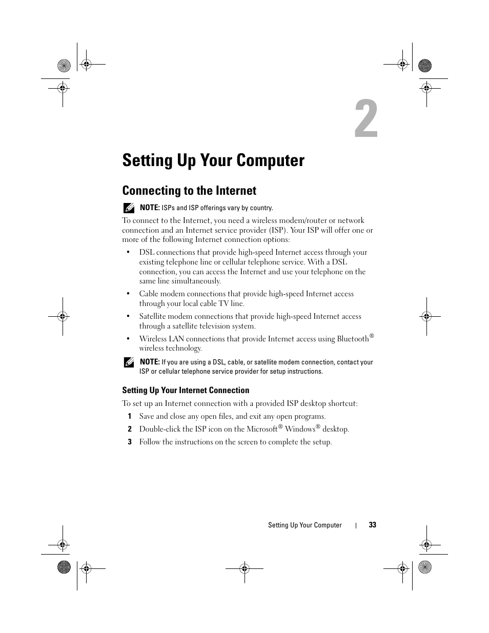 Setting up your computer, Connecting to the internet, Setting up your internet connection | Dell XPS M1730 (M1730, Late 2007) User Manual | Page 33 / 208