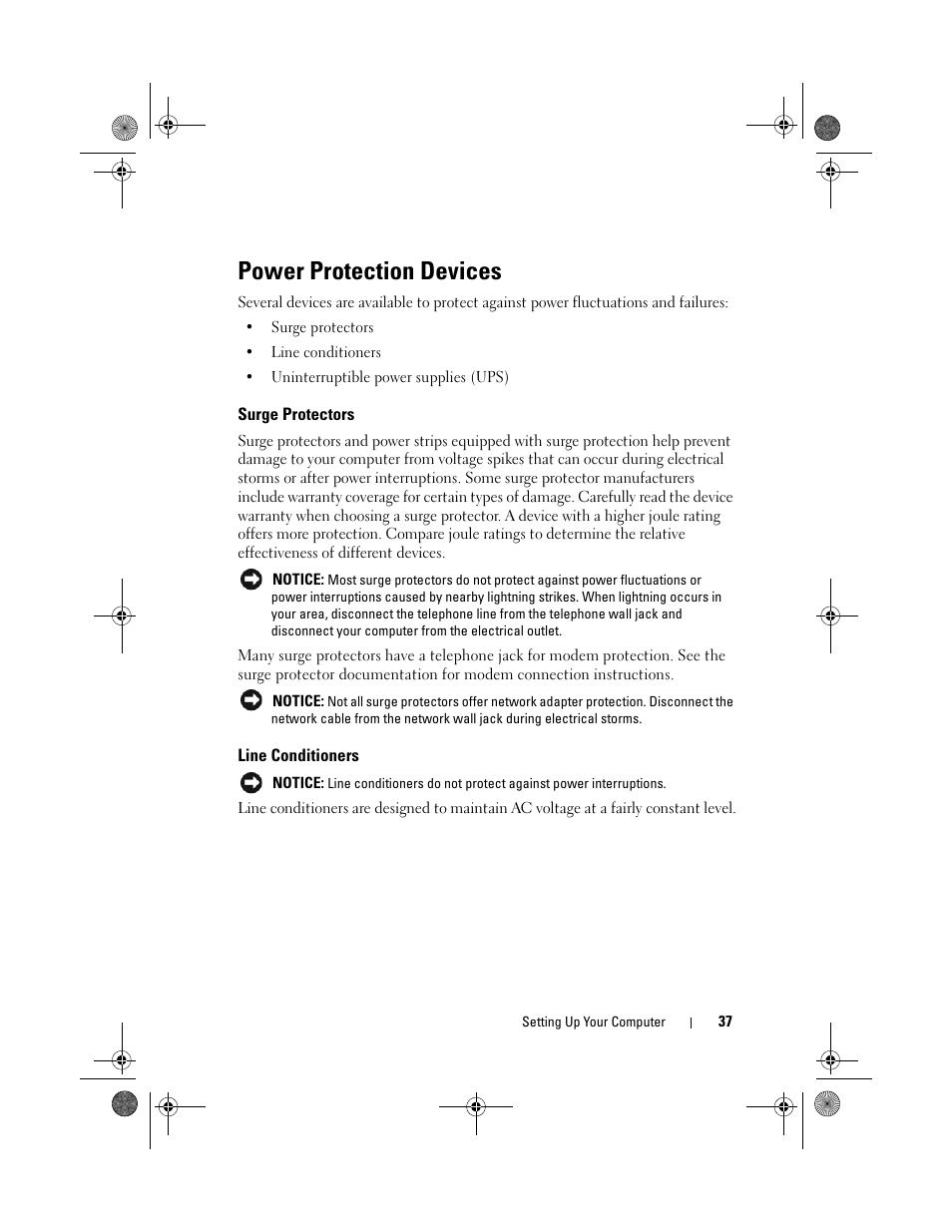 Power protection devices, Surge protectors, Line conditioners | Dell XPS M1730 (M1730, Late 2007) User Manual | Page 37 / 208