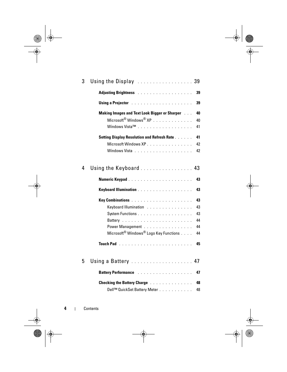 3 using the display 39, 4 using the keyboard 43, 5 using a battery 47 | 3using the display, 4using the keyboard, 5using a battery | Dell XPS M1730 (M1730, Late 2007) User Manual | Page 4 / 208