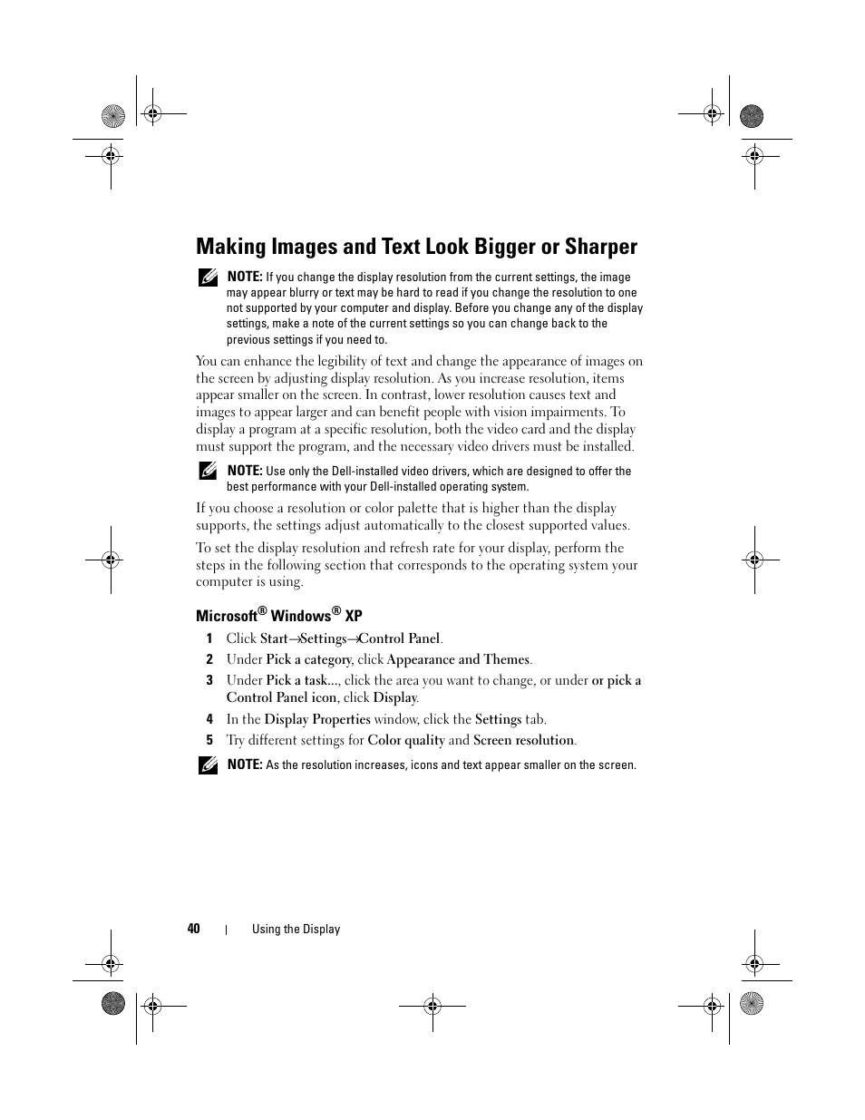 Making images and text look bigger or sharper, Microsoft® windows® xp, Microsoft | Dell XPS M1730 (M1730, Late 2007) User Manual | Page 40 / 208