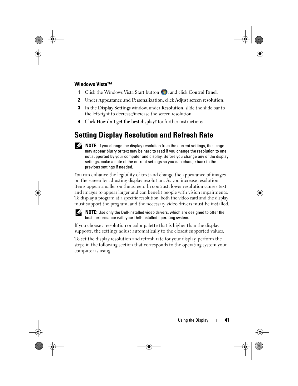 Windows vista, Setting display resolution and refresh rate | Dell XPS M1730 (M1730, Late 2007) User Manual | Page 41 / 208