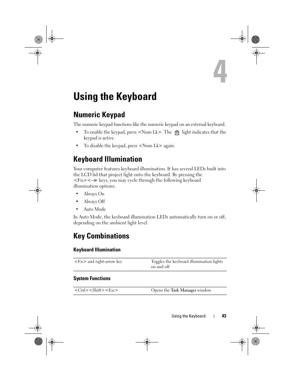 Using the keyboard, Numeric keypad, Keyboard illumination | Key combinations, System functions | Dell XPS M1730 (M1730, Late 2007) User Manual | Page 43 / 208