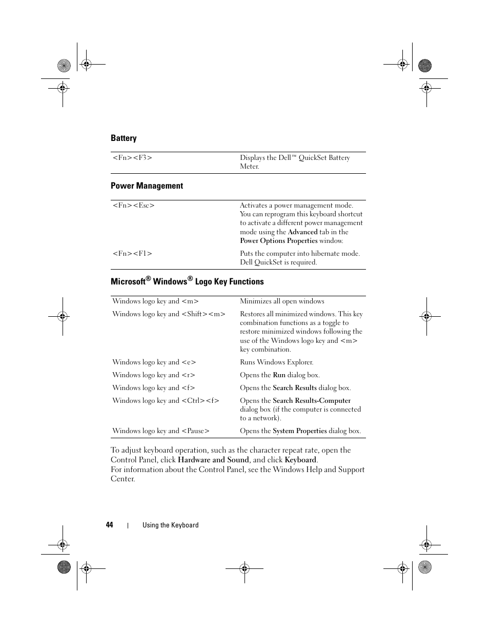 Battery, Power management, Microsoft® windows® logo key functions | Microsoft | Dell XPS M1730 (M1730, Late 2007) User Manual | Page 44 / 208