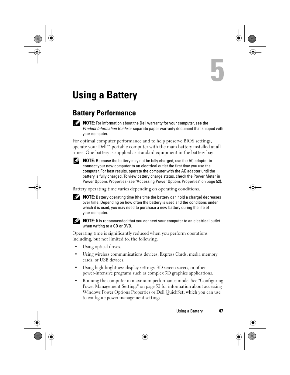 Using a battery, Battery performance | Dell XPS M1730 (M1730, Late 2007) User Manual | Page 47 / 208