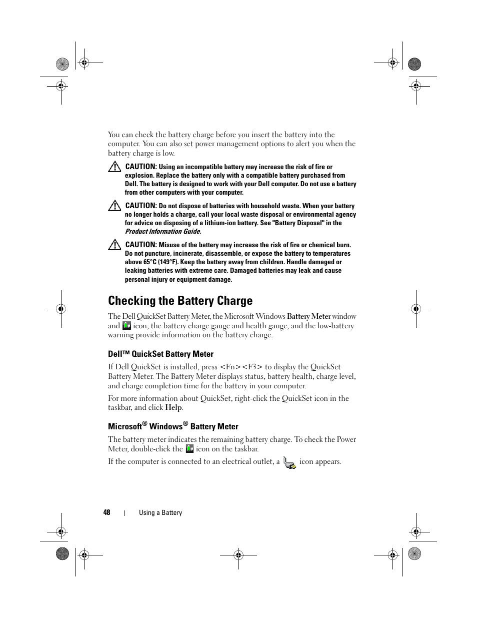 Checking the battery charge, Dell™ quickset battery meter, Microsoft® windows® battery meter | Microsoft | Dell XPS M1730 (M1730, Late 2007) User Manual | Page 48 / 208