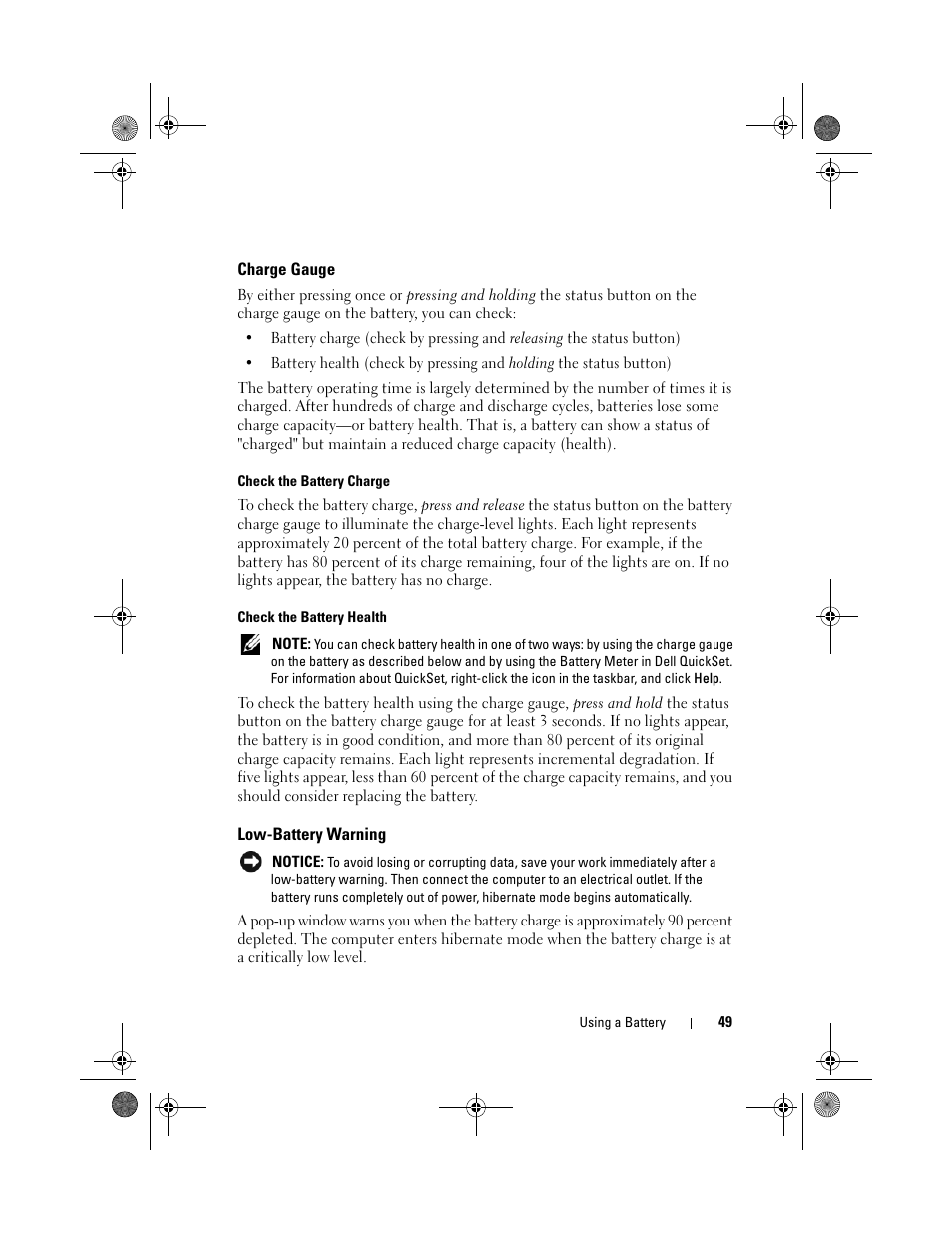 Charge gauge, Low-battery warning | Dell XPS M1730 (M1730, Late 2007) User Manual | Page 49 / 208