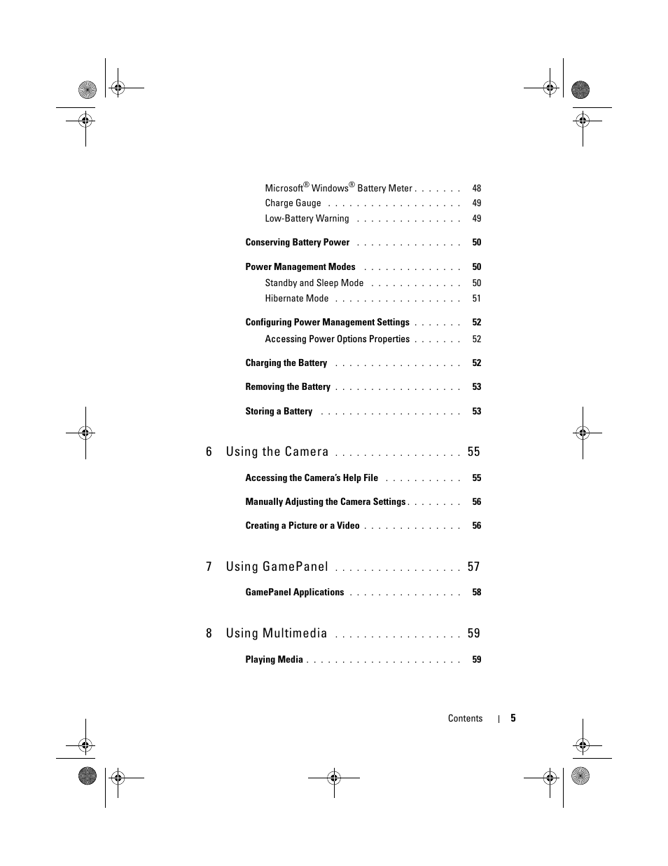 6 using the camera 55, 7 using gamepanel 57, 8 using multimedia 59 | 6using the camera, 7using gamepanel, 8using multimedia | Dell XPS M1730 (M1730, Late 2007) User Manual | Page 5 / 208