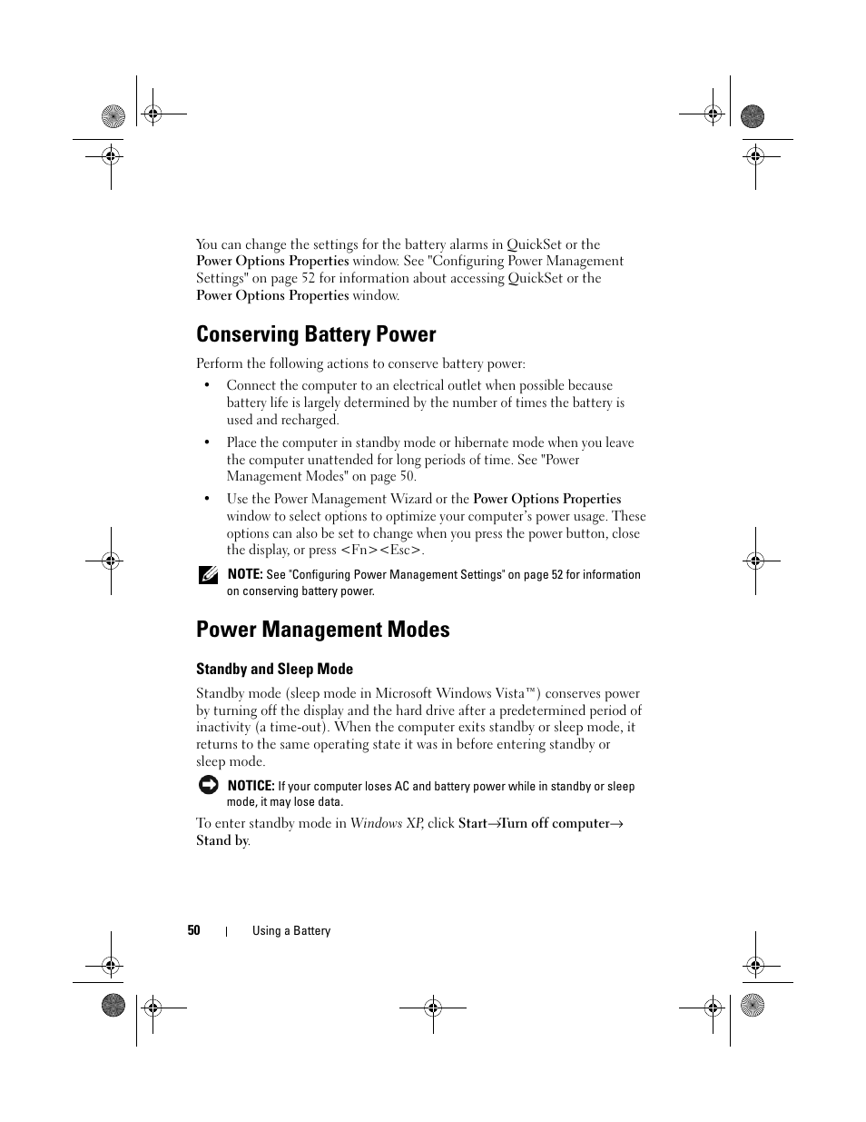 Conserving battery power, Power management modes, Standby and sleep mode | Dell XPS M1730 (M1730, Late 2007) User Manual | Page 50 / 208