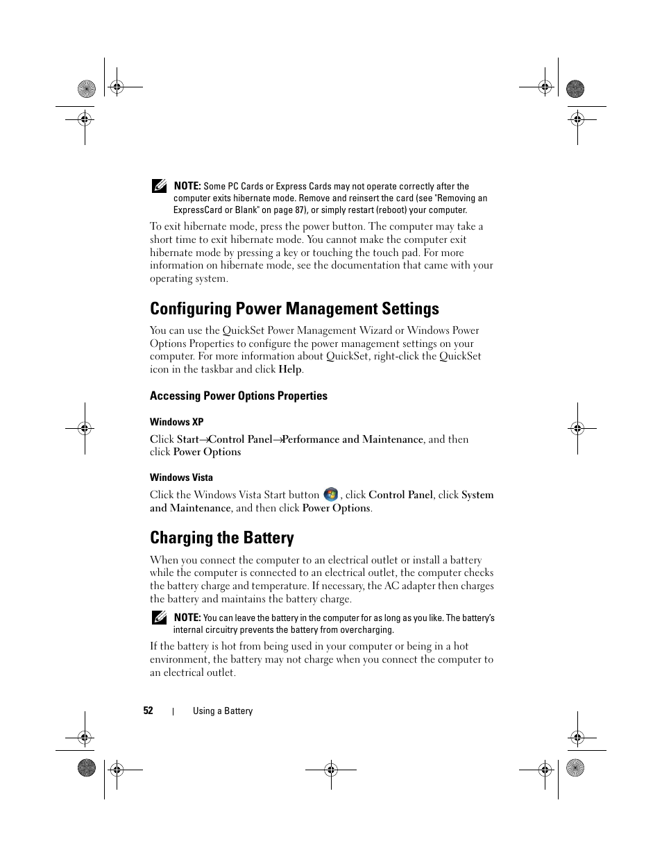 Configuring power management settings, Accessing power options properties, Charging the battery | Dell XPS M1730 (M1730, Late 2007) User Manual | Page 52 / 208
