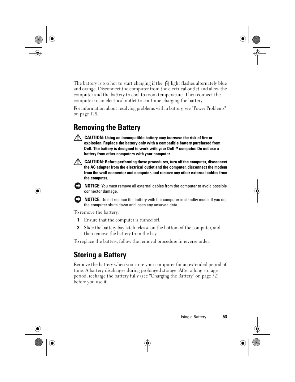 Removing the battery, Storing a battery | Dell XPS M1730 (M1730, Late 2007) User Manual | Page 53 / 208