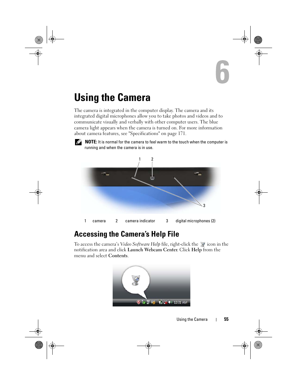 Using the camera, Accessing the camera’s help file | Dell XPS M1730 (M1730, Late 2007) User Manual | Page 55 / 208