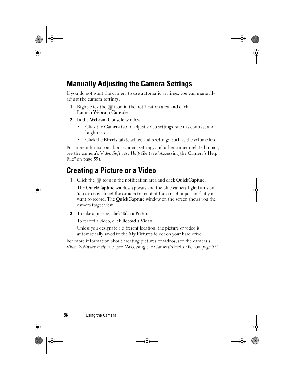 Manually adjusting the camera settings, Creating a picture or a video | Dell XPS M1730 (M1730, Late 2007) User Manual | Page 56 / 208