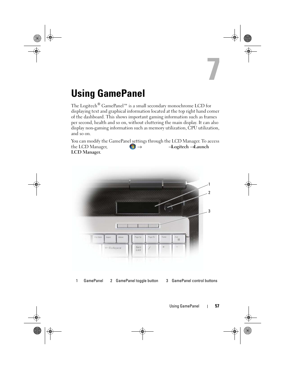 Using gamepanel | Dell XPS M1730 (M1730, Late 2007) User Manual | Page 57 / 208