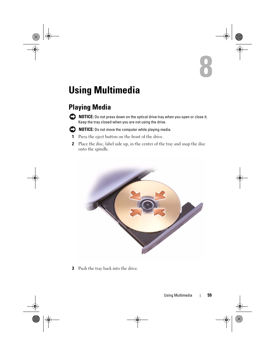 Using multimedia, Playing media | Dell XPS M1730 (M1730, Late 2007) User Manual | Page 59 / 208