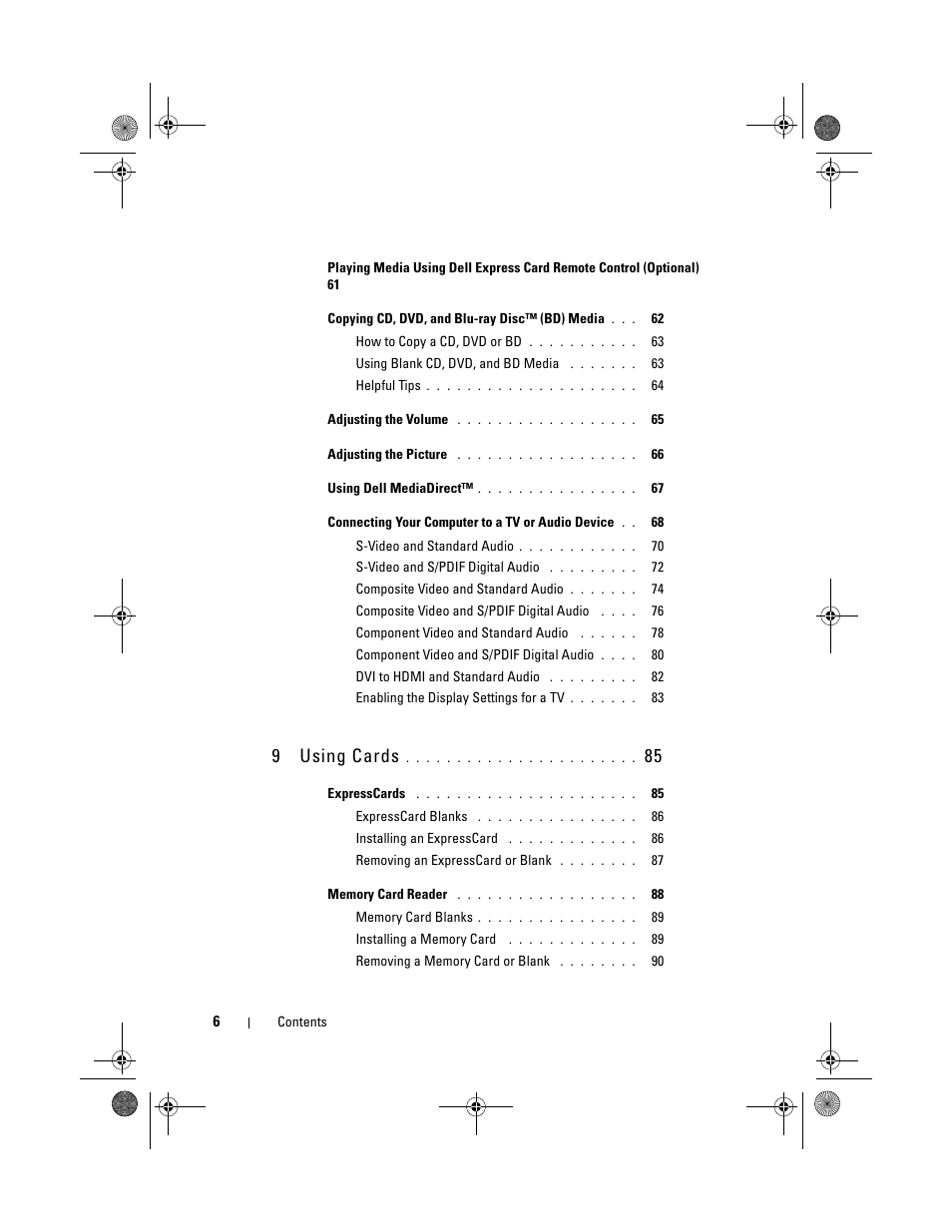 9 using cards 85, 9using cards | Dell XPS M1730 (M1730, Late 2007) User Manual | Page 6 / 208