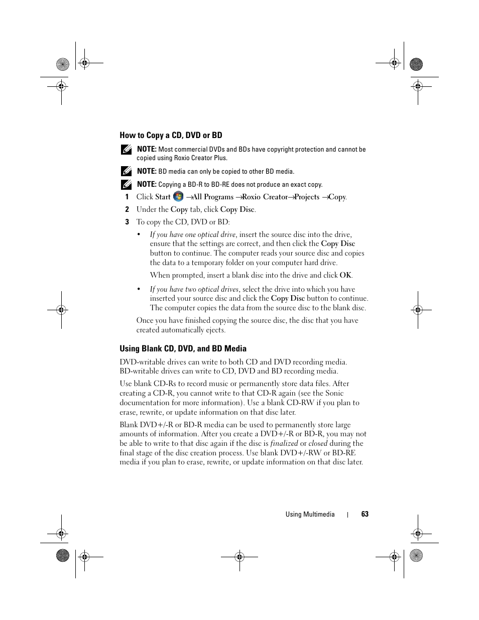 How to copy a cd, dvd or bd, Using blank cd, dvd, and bd media | Dell XPS M1730 (M1730, Late 2007) User Manual | Page 63 / 208