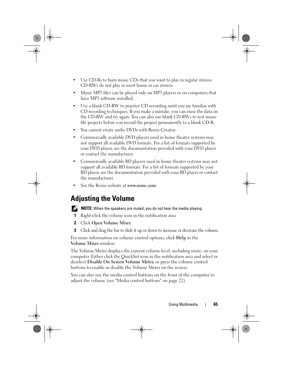 Adjusting the volume | Dell XPS M1730 (M1730, Late 2007) User Manual | Page 65 / 208