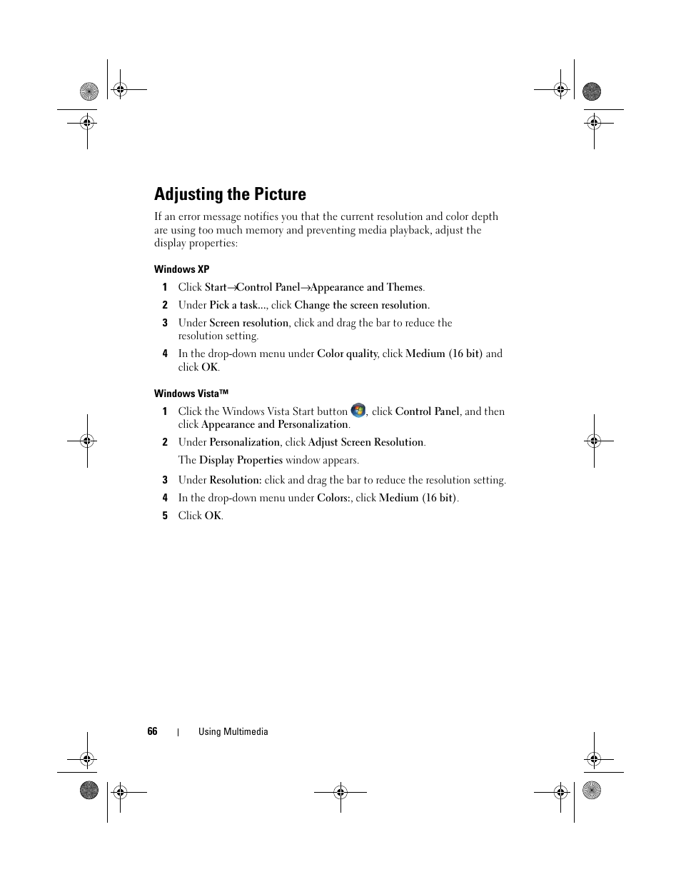 Adjusting the picture | Dell XPS M1730 (M1730, Late 2007) User Manual | Page 66 / 208