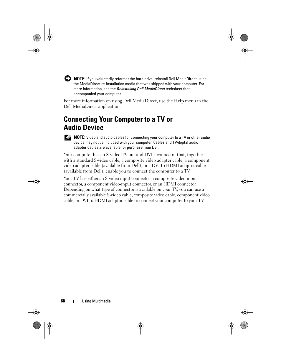 Connecting your computer to a tv or audio device | Dell XPS M1730 (M1730, Late 2007) User Manual | Page 68 / 208