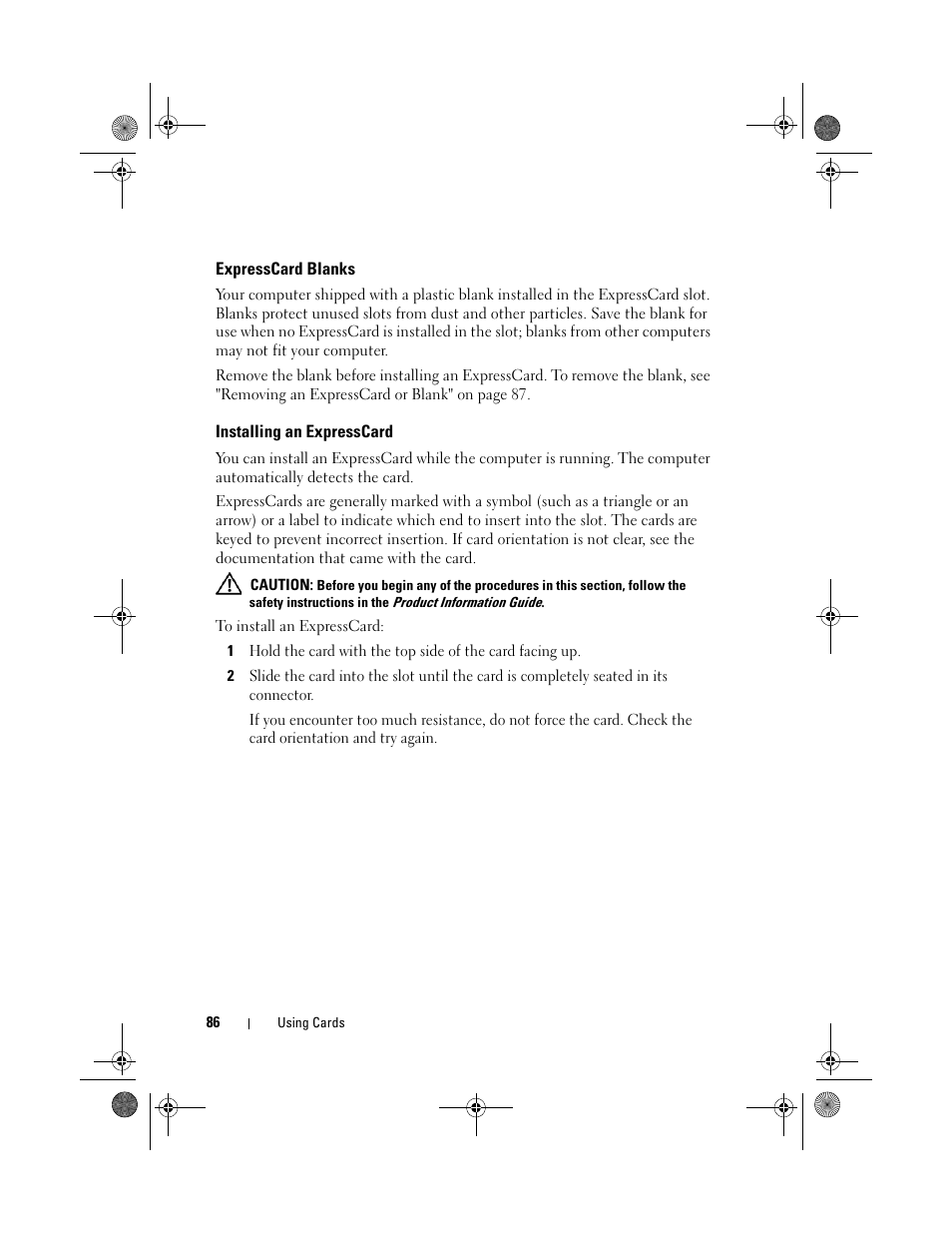 Expresscard blanks, Installing an expresscard | Dell XPS M1730 (M1730, Late 2007) User Manual | Page 86 / 208