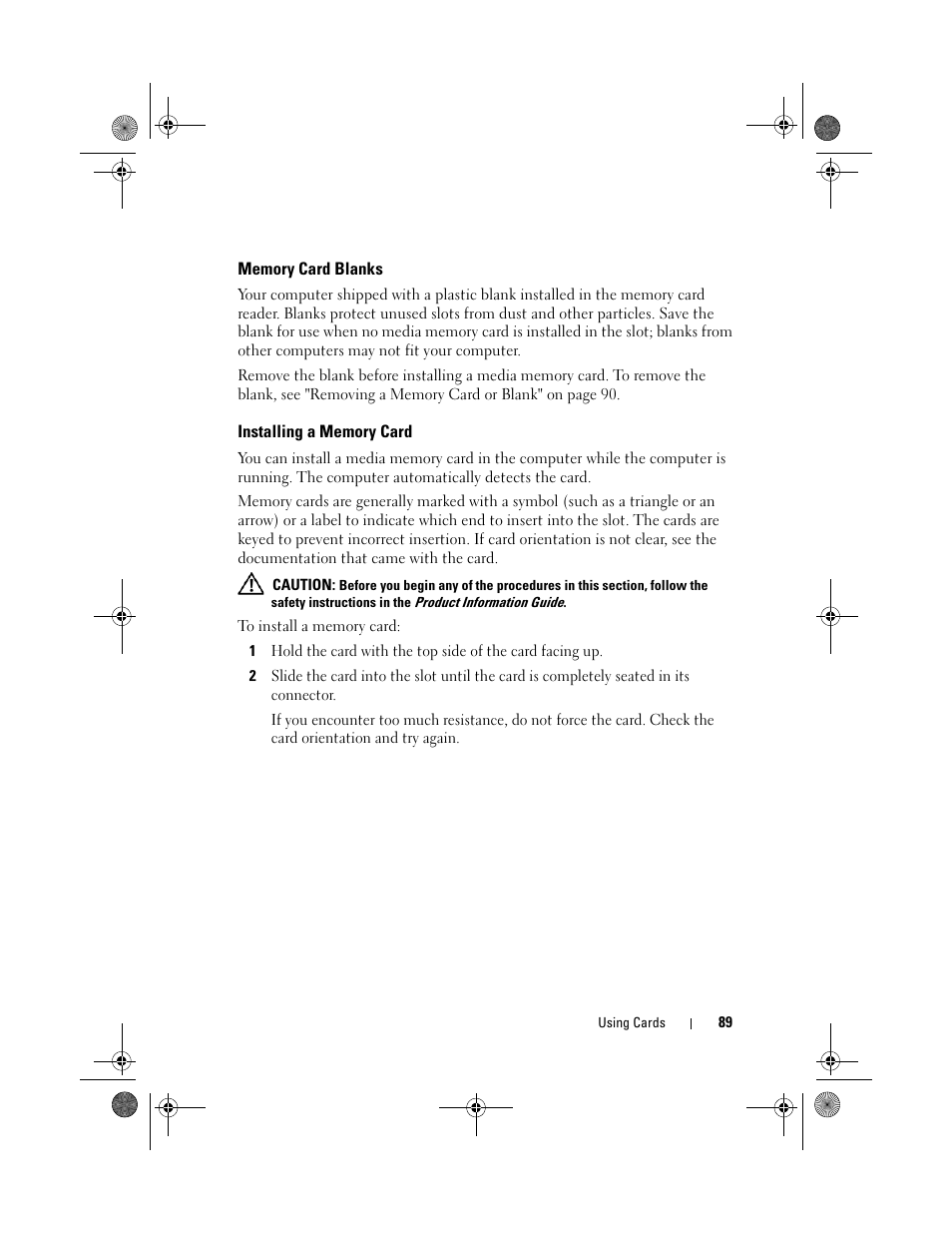 Memory card blanks, Installing a memory card | Dell XPS M1730 (M1730, Late 2007) User Manual | Page 89 / 208