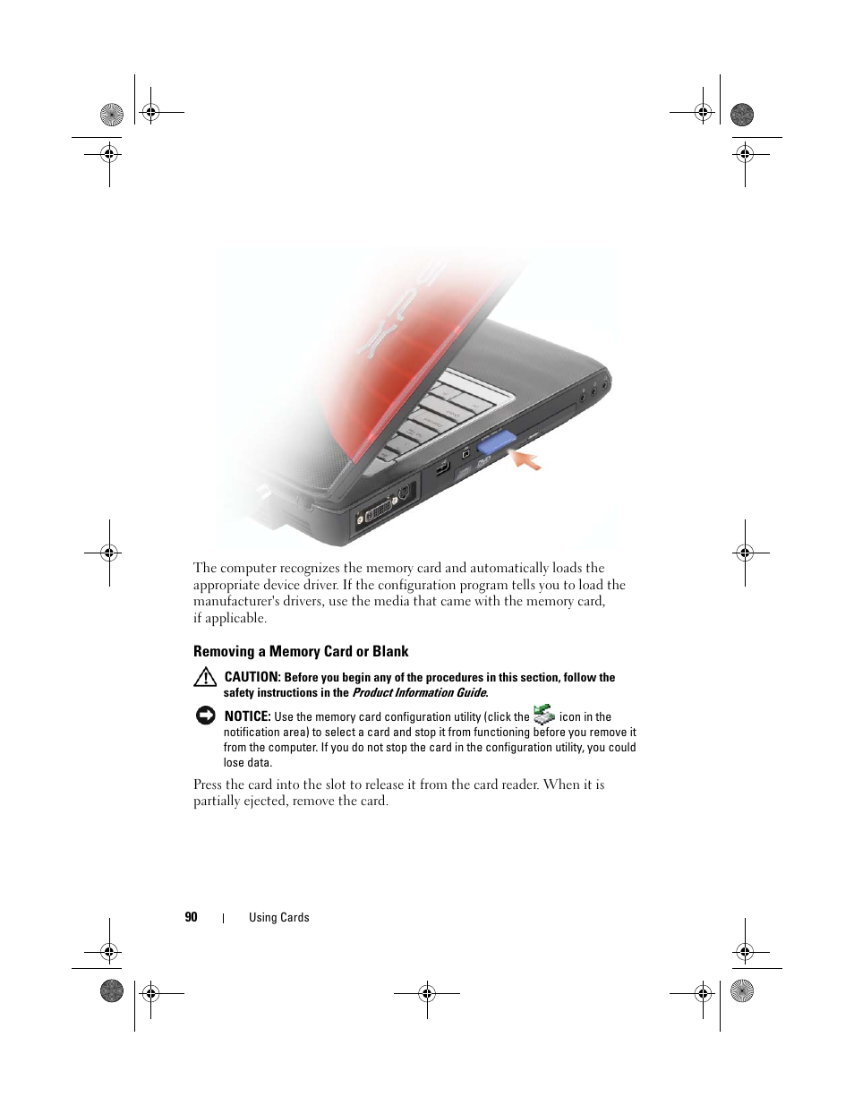 Removing a memory card or blank | Dell XPS M1730 (M1730, Late 2007) User Manual | Page 90 / 208