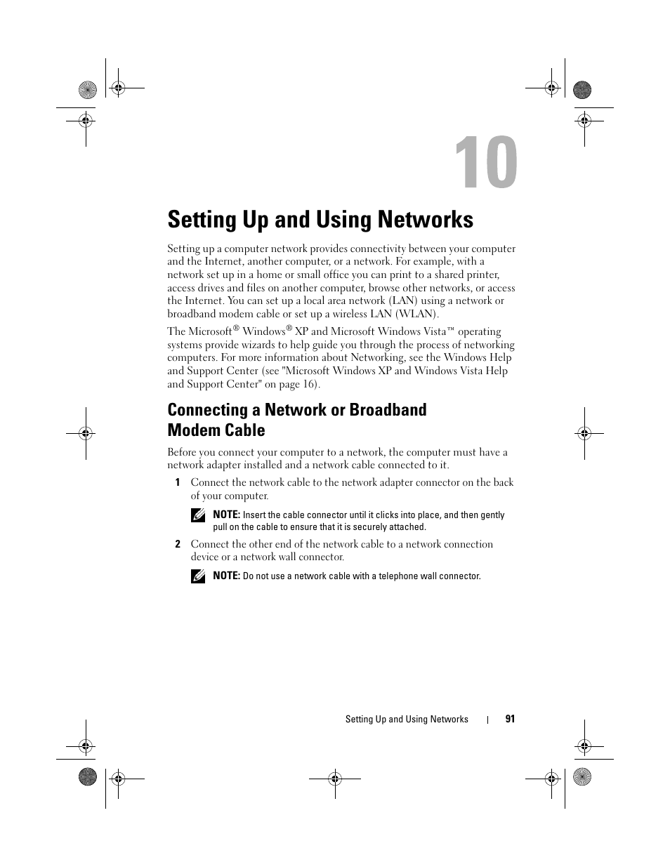 Setting up and using networks, Connecting a network or broadband modem cable | Dell XPS M1730 (M1730, Late 2007) User Manual | Page 91 / 208