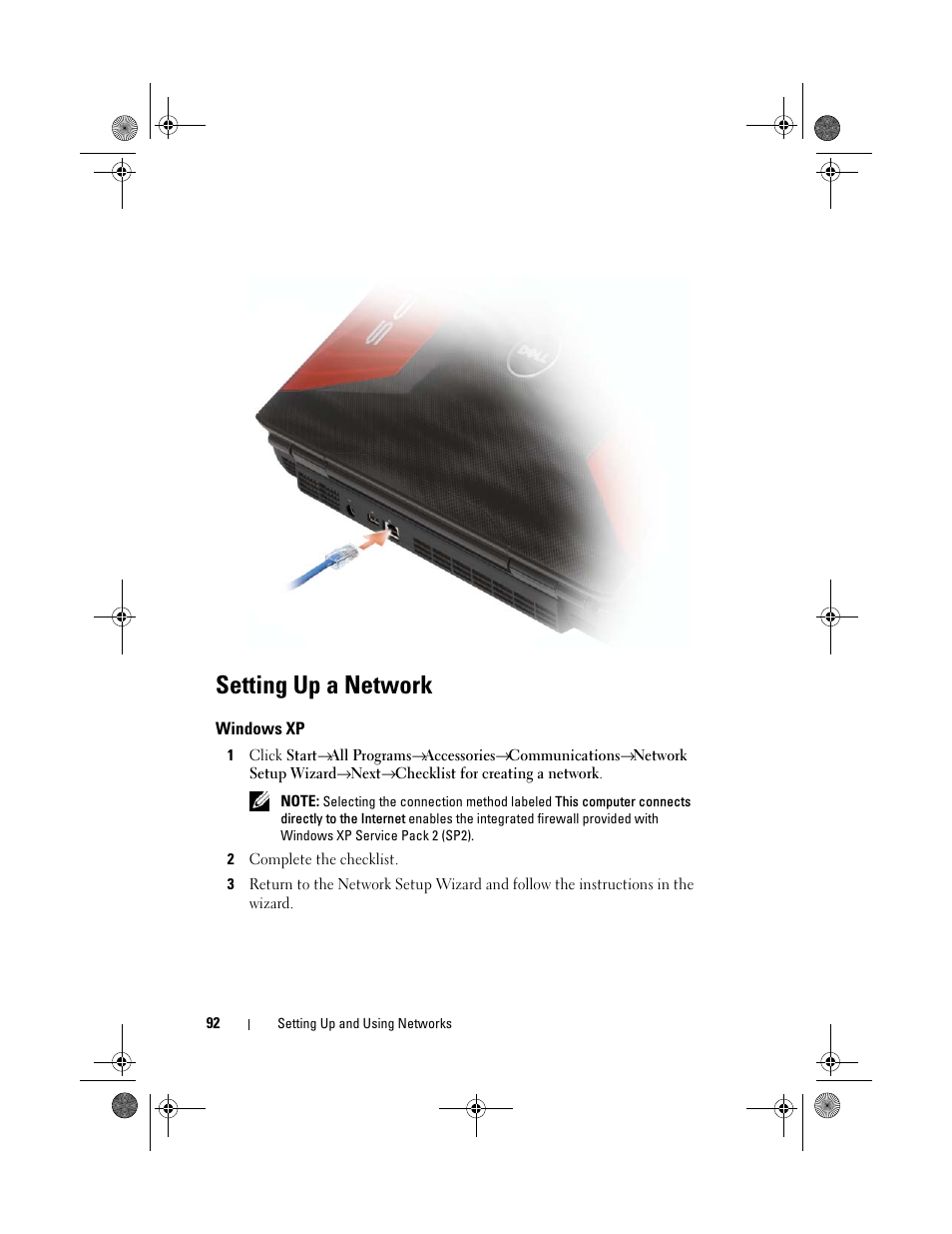 Setting up a network, Windows xp | Dell XPS M1730 (M1730, Late 2007) User Manual | Page 92 / 208