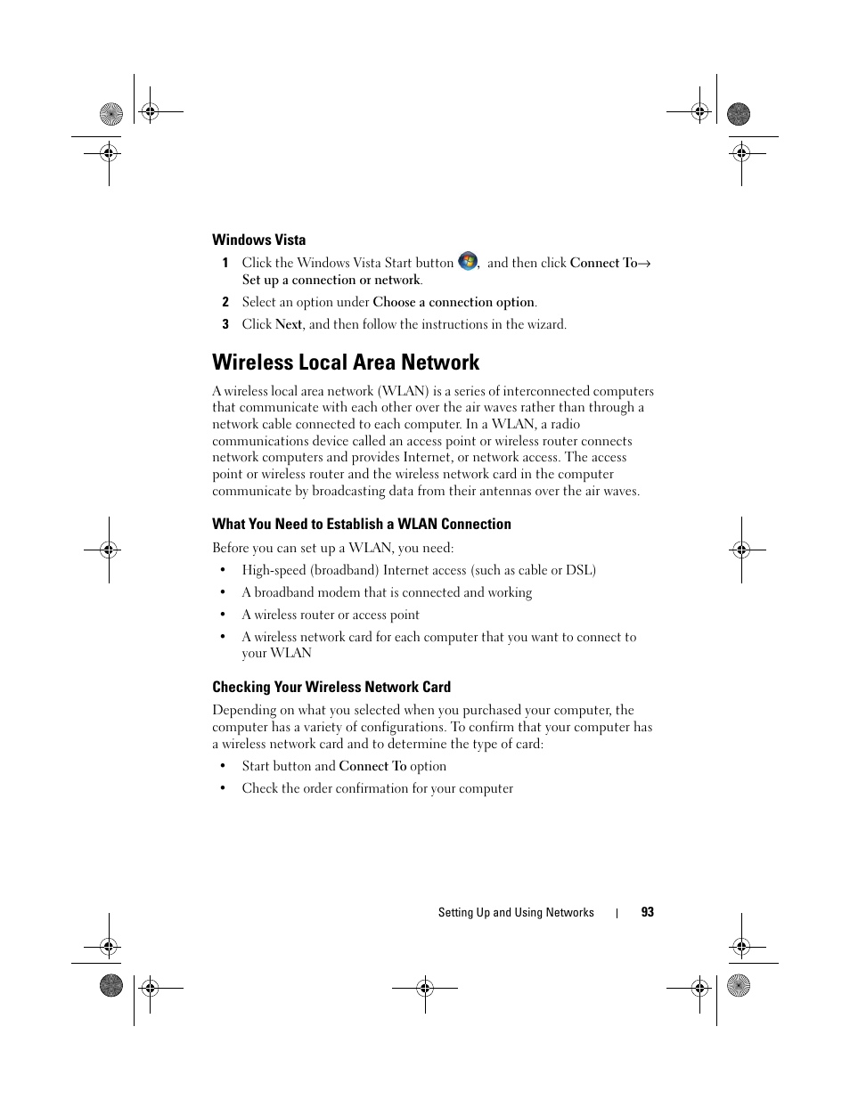 Windows vista, Wireless local area network, What you need to establish a wlan connection | Checking your wireless network card | Dell XPS M1730 (M1730, Late 2007) User Manual | Page 93 / 208