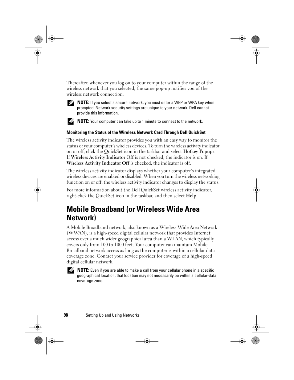 Mobile broadband (or wireless wide area network) | Dell XPS M1730 (M1730, Late 2007) User Manual | Page 98 / 208