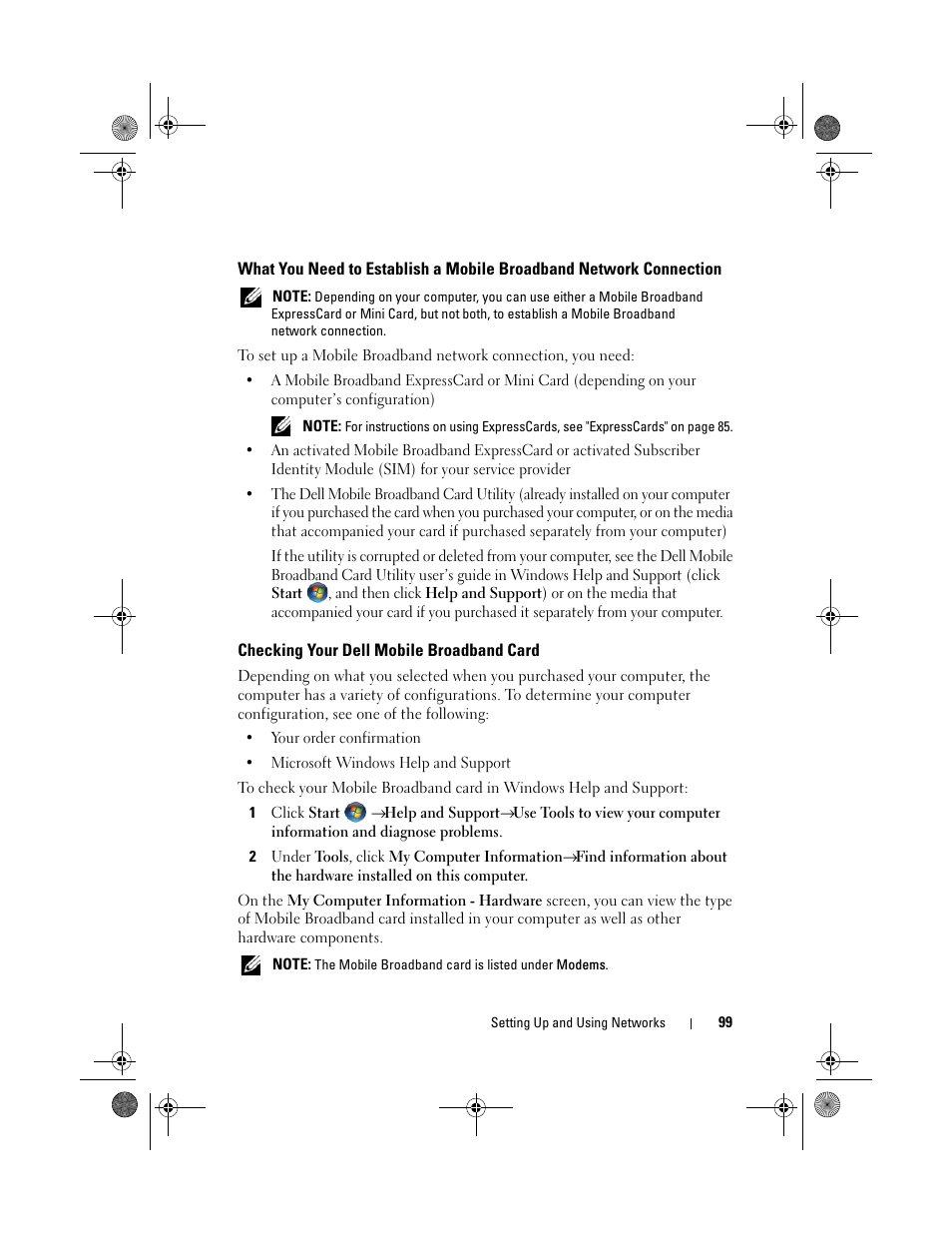 Checking your dell mobile broadband card | Dell XPS M1730 (M1730, Late 2007) User Manual | Page 99 / 208