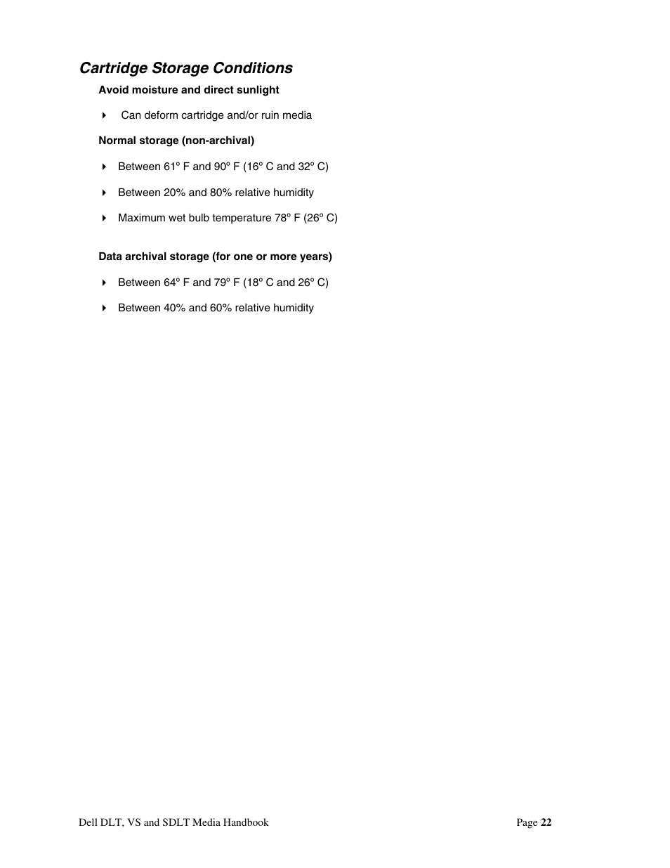 Cartridge storage conditions | Dell 110T DLT1 Drive User Manual | Page 22 / 23