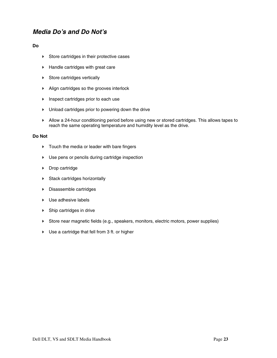 Media do’s and do not’s | Dell 110T DLT1 Drive User Manual | Page 23 / 23