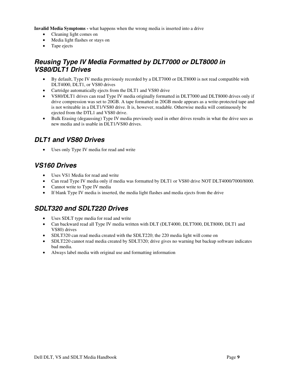 Dlt1 and vs80 drives, Vs160 drives | Dell 110T DLT1 Drive User Manual | Page 9 / 23