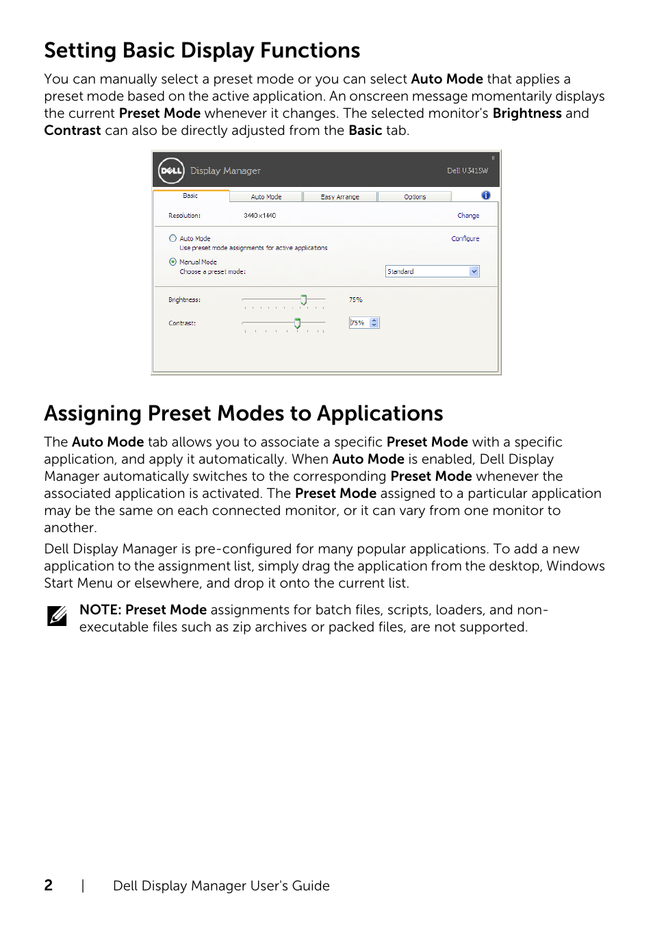 Assigning preset modes to applications, Setting basic display functions | Dell UltraSharp 34 Curved Monitor User Manual | Page 2 / 4