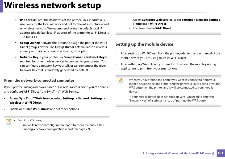 Wireless network setup, Setting up the mobile device | Dell B1160w Wireless Mono Laser Printer User Manual | Page 101 / 165