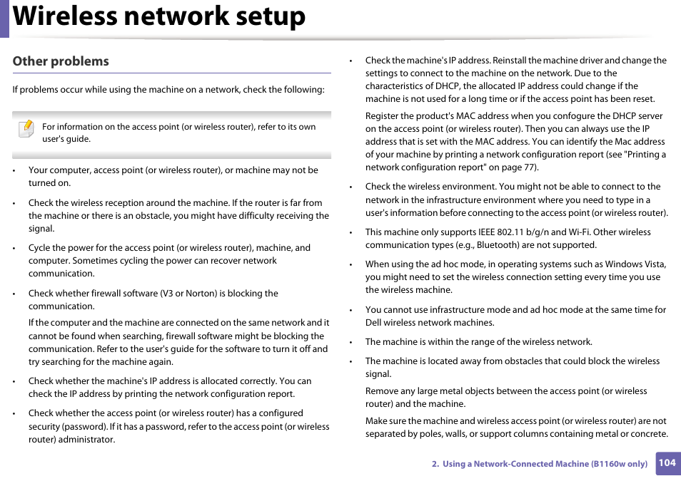 Wireless network setup, Other problems | Dell B1160w Wireless Mono Laser Printer User Manual | Page 104 / 165