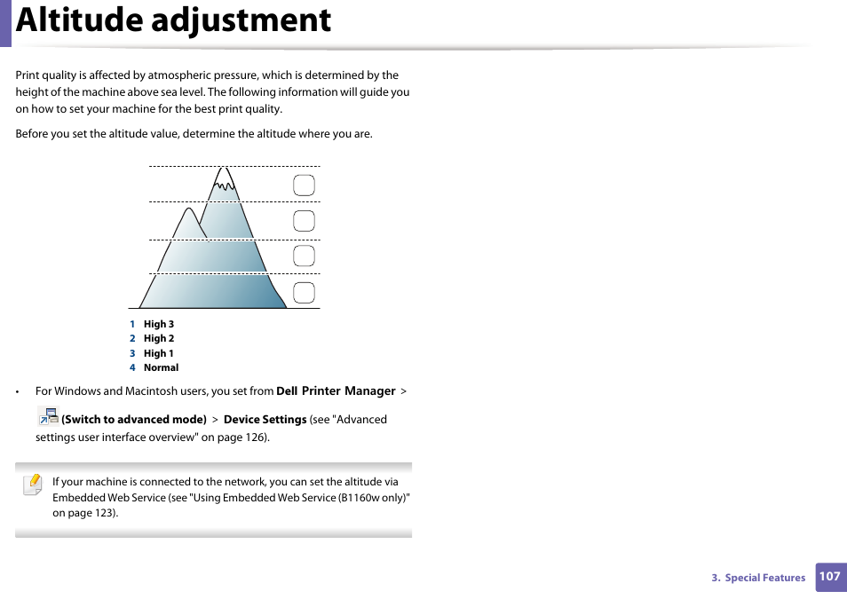 Altitude adjustment | Dell B1160w Wireless Mono Laser Printer User Manual | Page 107 / 165