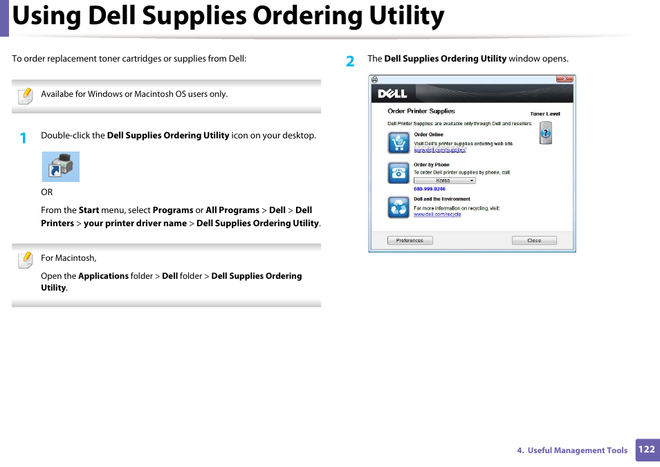Using dell supplies ordering utility | Dell B1160w Wireless Mono Laser Printer User Manual | Page 122 / 165