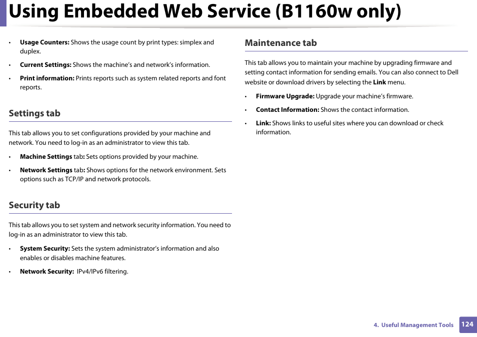 Using embedded web service (b1160w only), Settings tab, Security tab | Maintenance tab | Dell B1160w Wireless Mono Laser Printer User Manual | Page 124 / 165