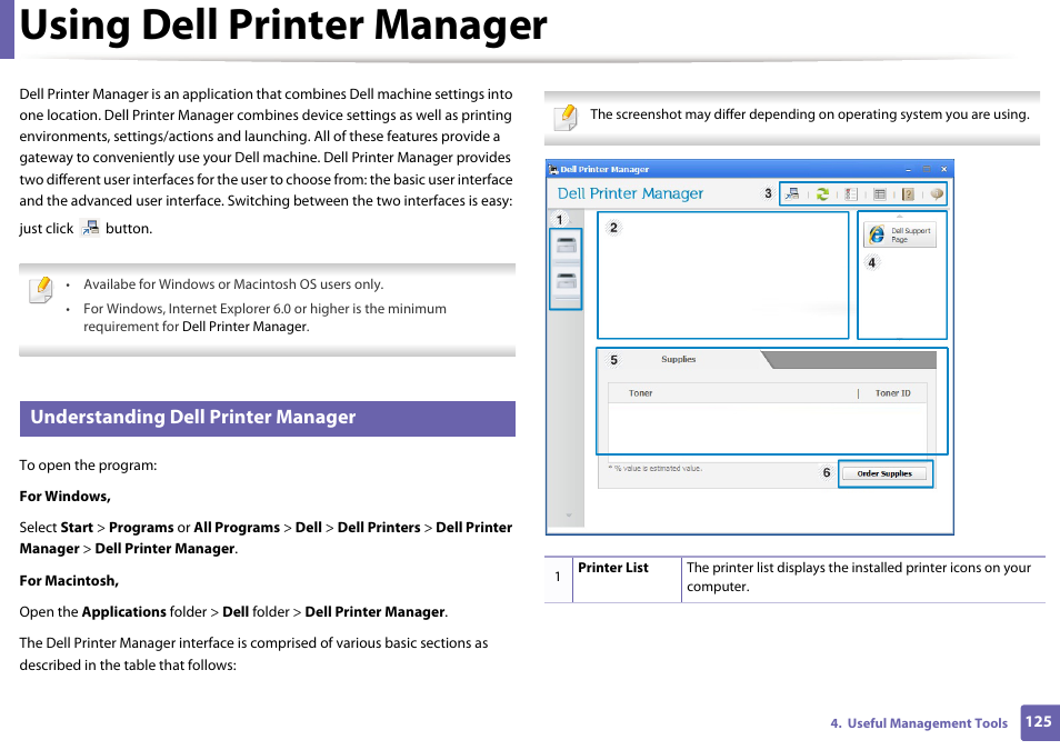 Using dell printer manager, Understanding dell printer manager | Dell B1160w Wireless Mono Laser Printer User Manual | Page 125 / 165